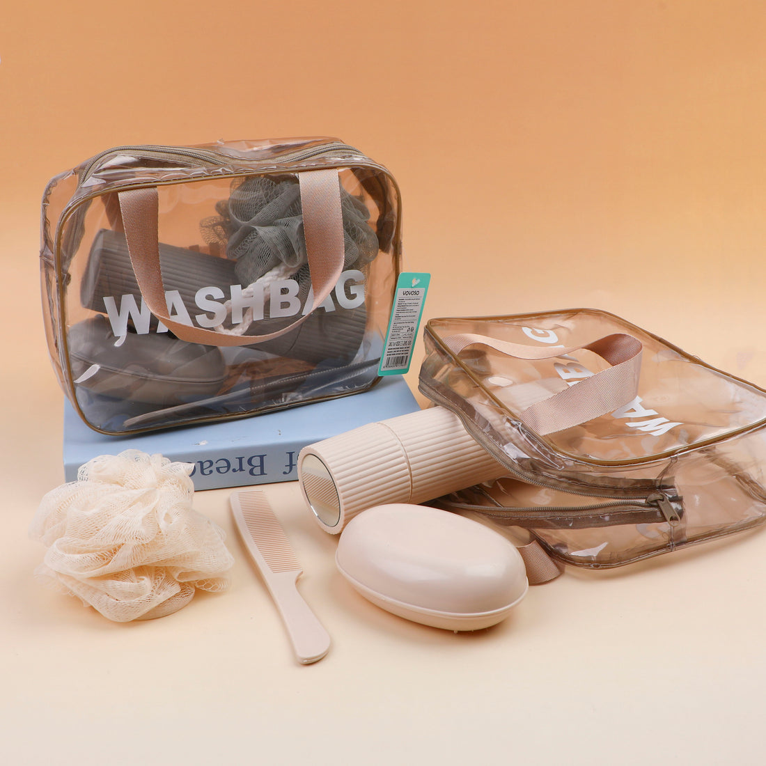 Kit de Baño Portátil de Viaje Gris con Neceser Transparente, Porta Cepillo con Espejo, Jabonera y Esponja Yoyoso