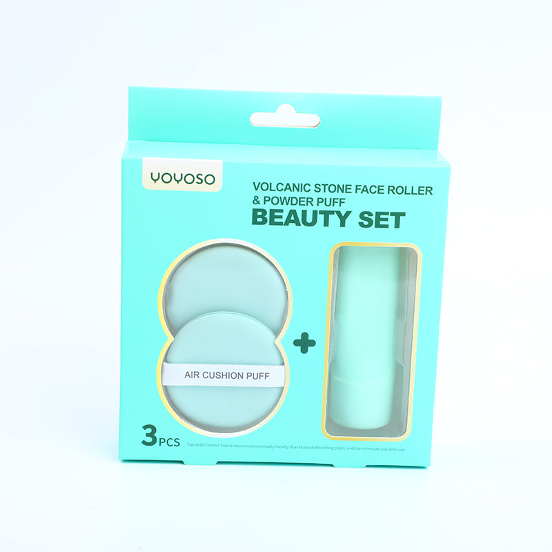 SET DE BELLEZA - RODILLO FACIAL Y ESPONJA DE POLVOS