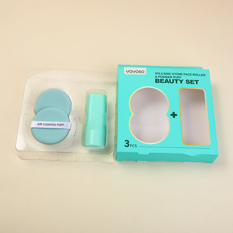 SET DE BELLEZA - RODILLO FACIAL Y ESPONJA DE POLVOS