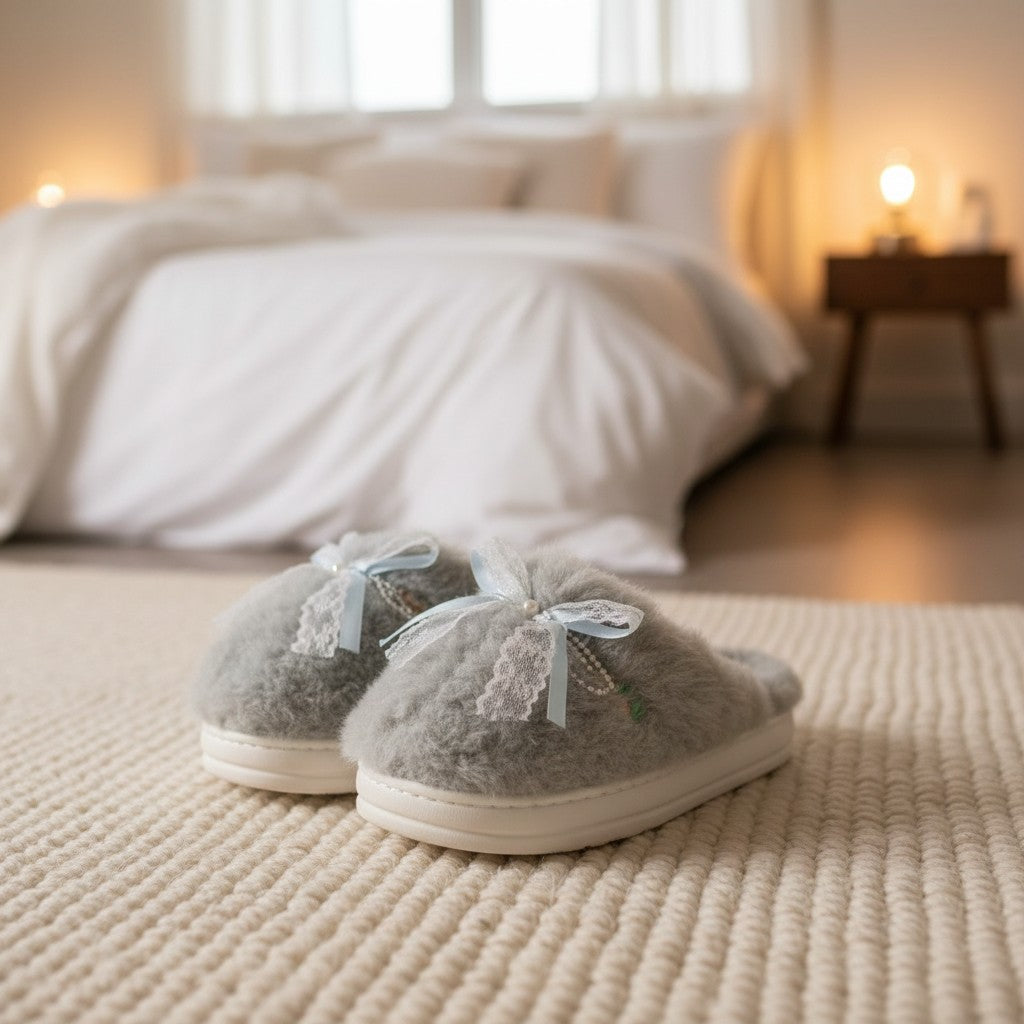 Pantuflas de Mujer Azules Suaves con Moño de encaje Decorativo Talla 40-41 Yoyoso