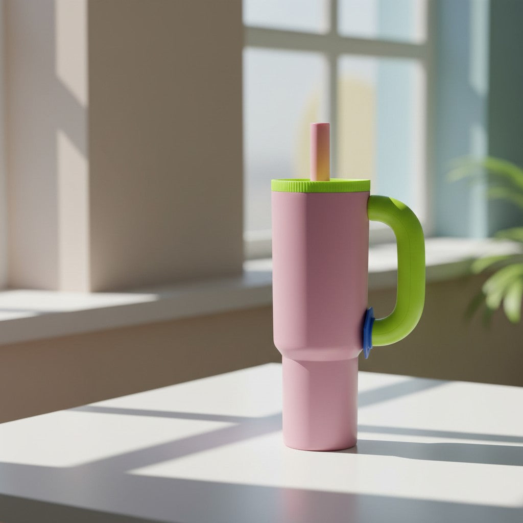 Termo Insulado Divertido Rosado con Asa y Pitillo 1200ml Mantiene Frío y Calor Yoyoso