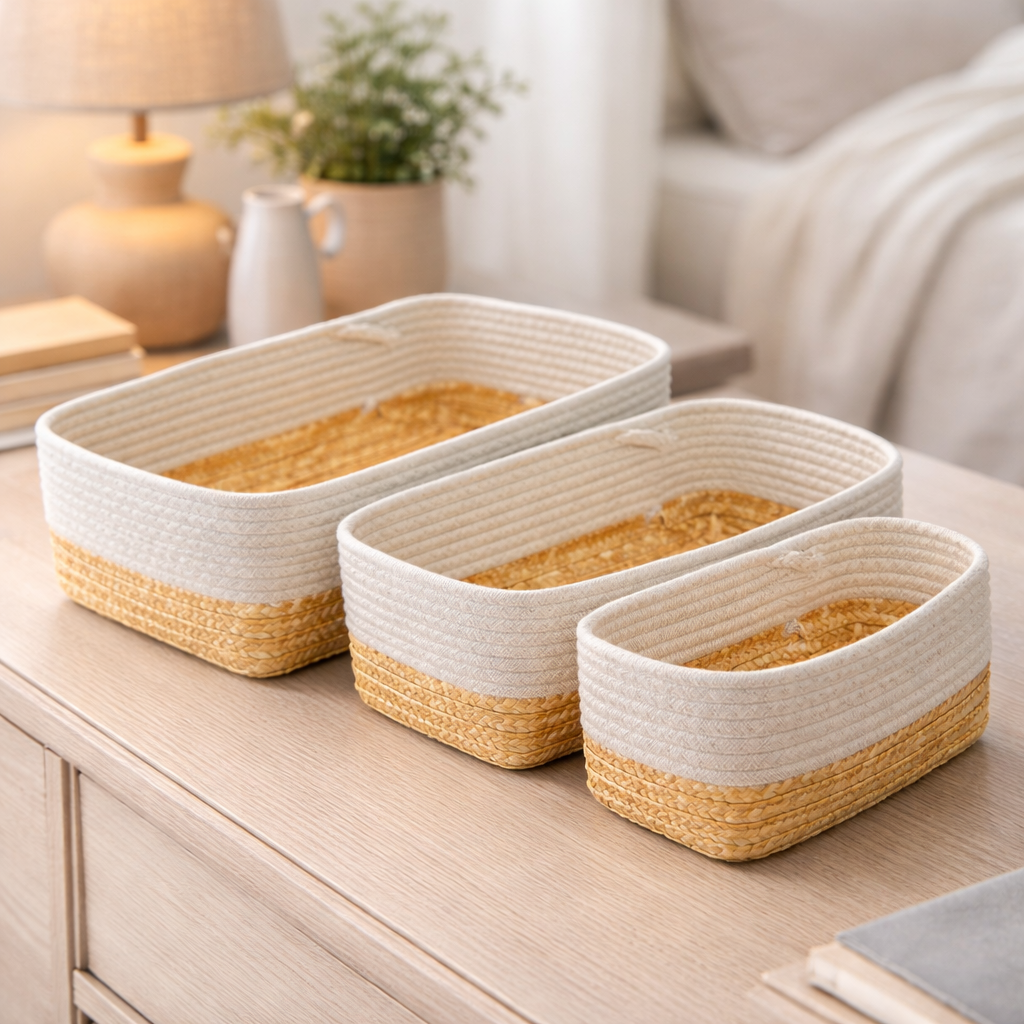 Set de 3 Canastas Organizadoras Rectangulares Tejidas Multiusos Blanco y Fibra Natural Yoyoso