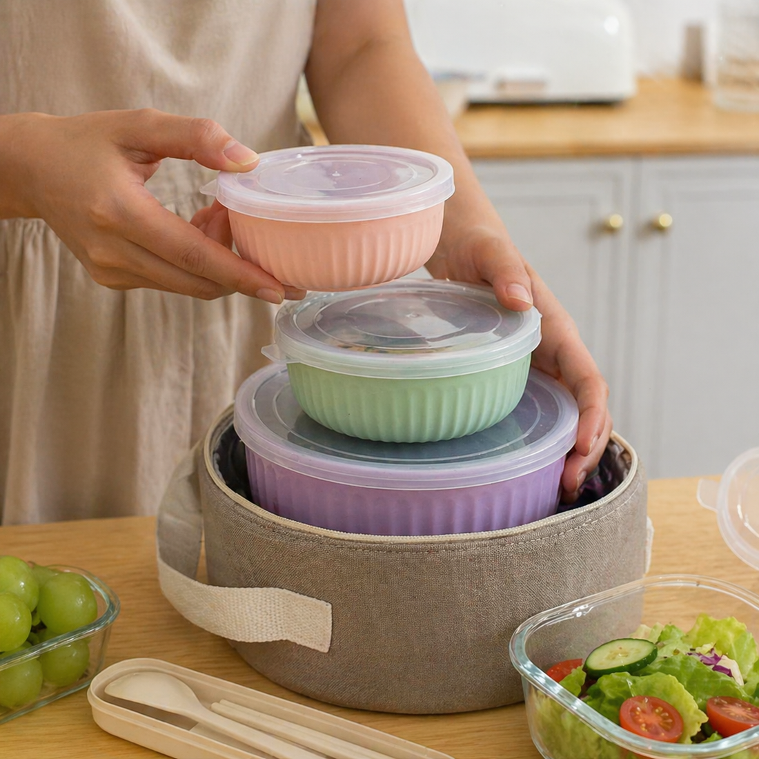 Set De Tazones Con Tapa En Colores Pasteles Yoyoso