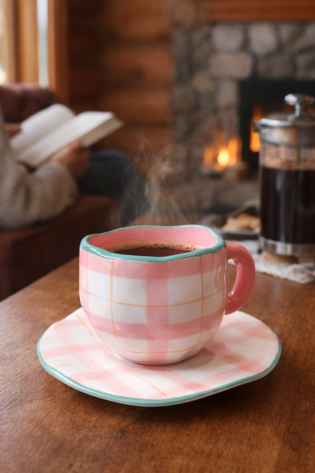 Taza de Café con Plato Diseño Cuadros Rosa y Verde 250 ml Yoyoso