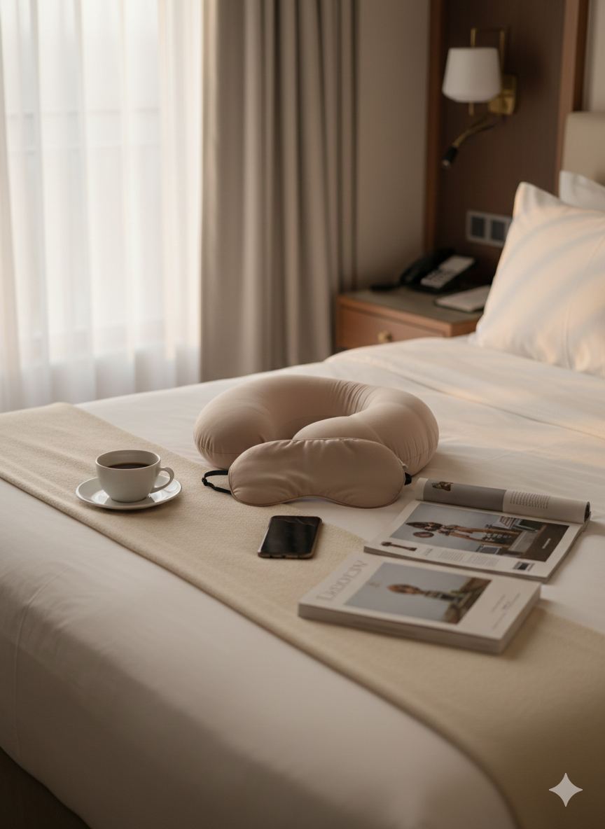 Kit de Descanso Almohada Viajera Ergonómico y Antifaz con Acabado de Seda en Tono Rosa Yoyoso