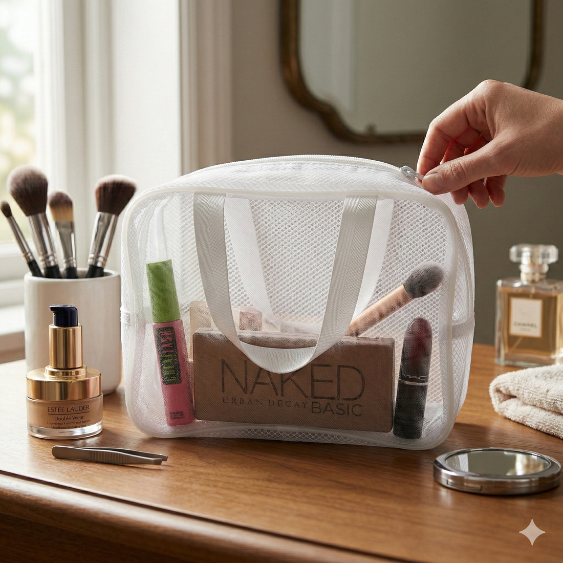 Neceser de Maquillaje de Malla Blanca Transparente con Cremallera y Asas - Yoyoso