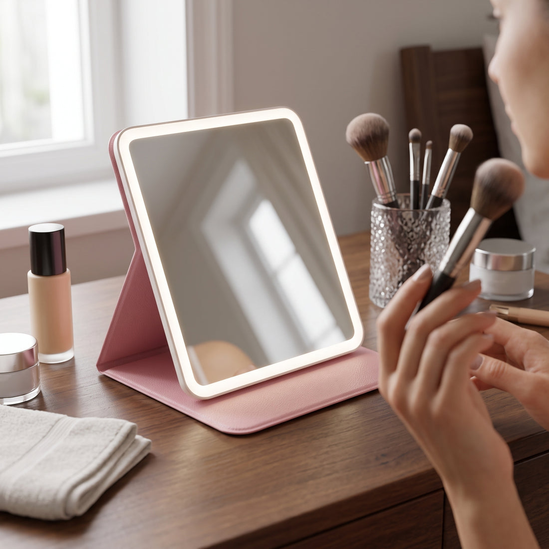 Espejo de Maquillaje con Luz LED y Soporte Plegable Rosado Yoyoso