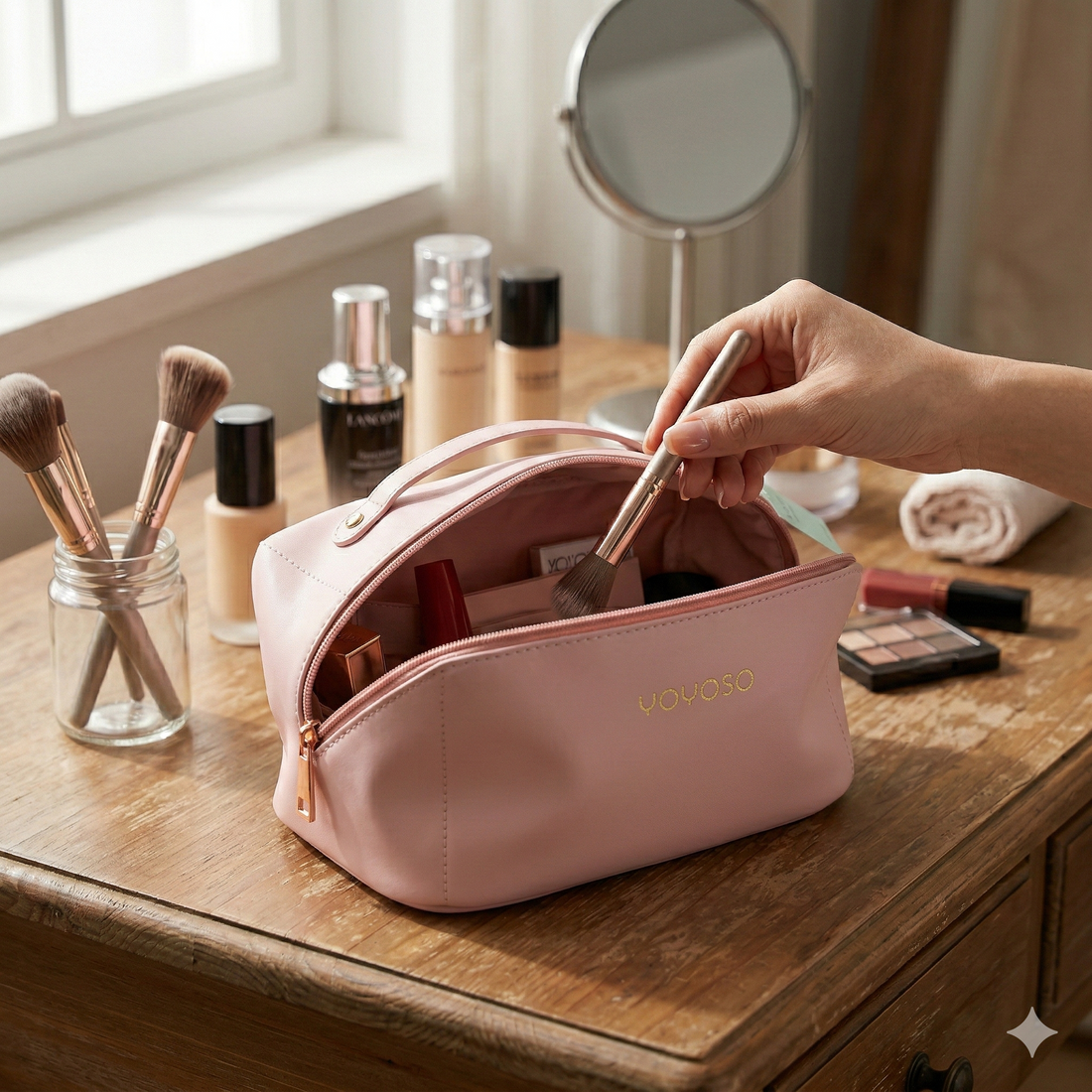 Neceser de Maquillaje Rosa Pastel con Mango y Cierre Dorado - Estilo Coreano Yoyoso