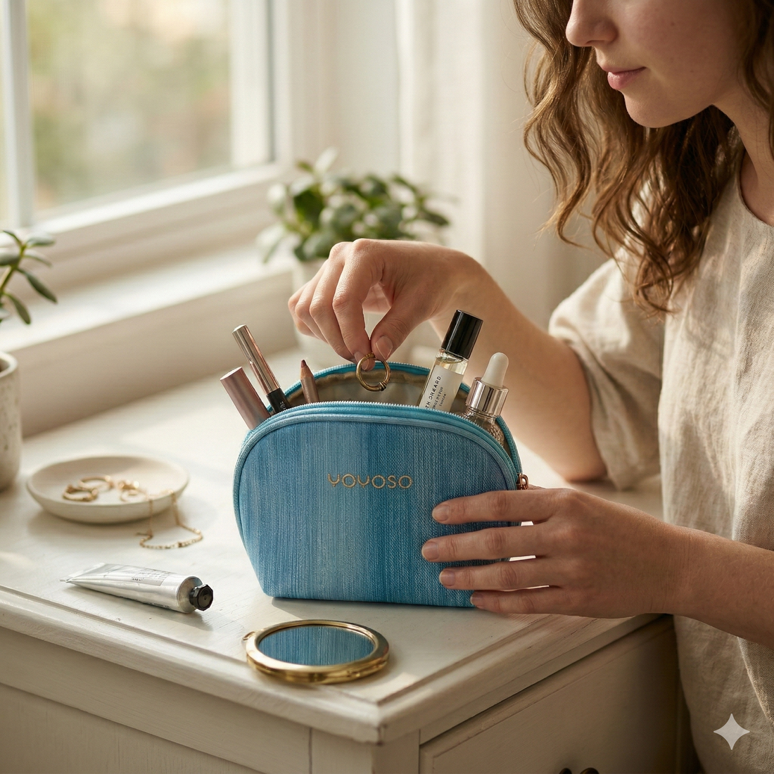 Neceser de Maquillaje de Tela con Efecto Denim y Logotipo Dorado Yoyoso