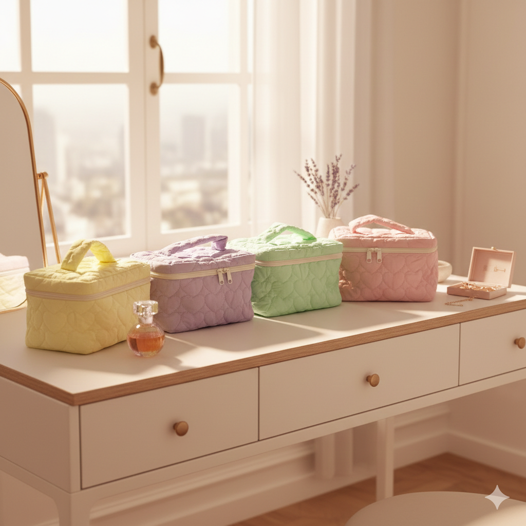 Cosmetiquera Acolchada con Diseño de Corazones Colores Yoyoso