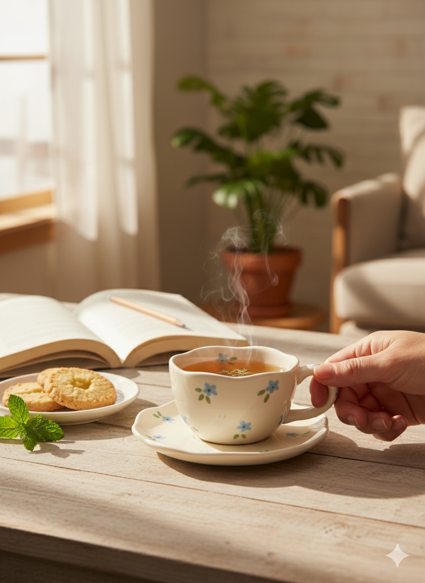 SET DE TAZA Y PLATO - FLORES AZULES