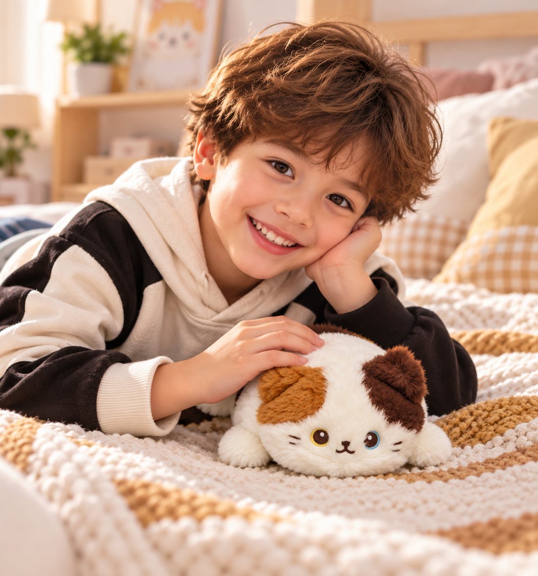 Peluche Gato Calicó Acostado Tricolor Suave 30 cm Yoyoso