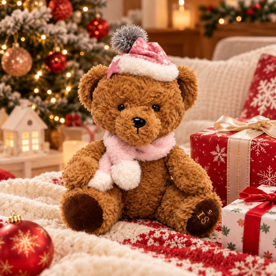 Peluche Oso Teddy Island con Bufanda Rosada y Gorro Navideño 25 cm Yoyoso