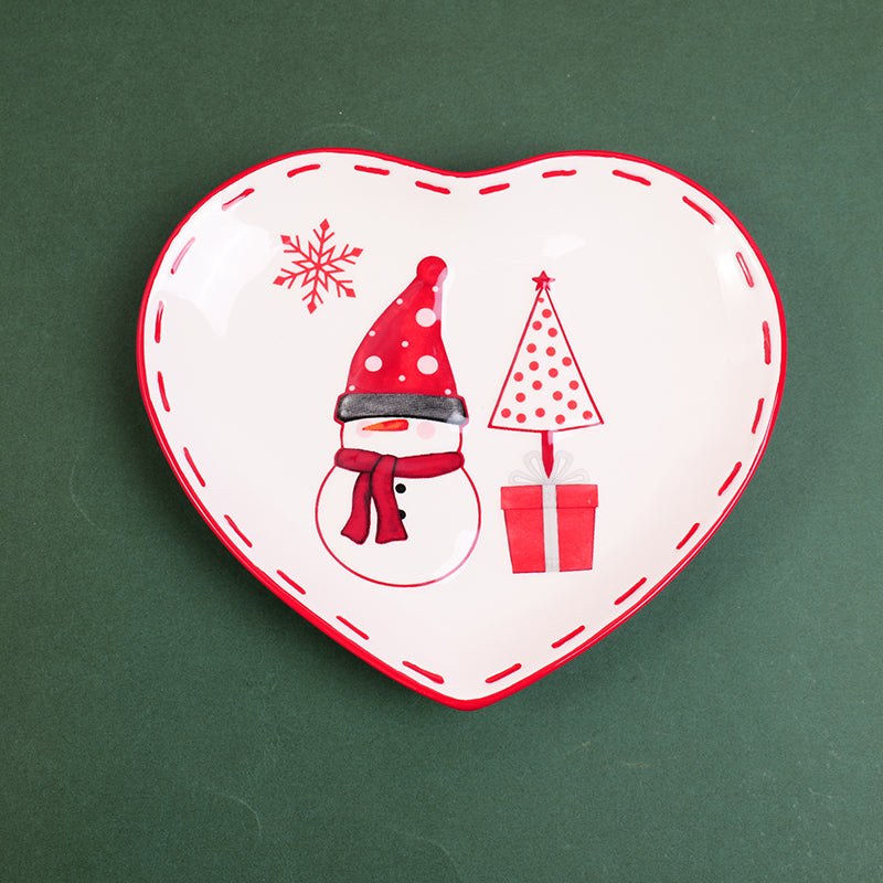PLATO DE CERAMICA NAVIDEÑO EN FORMA DE CORAZON  - MUÑECO DE NIEVE