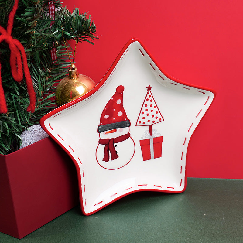 PLATO DE CERAMICA NAVIDEÑO EN FORMA DE ESTRELLA  - MUÑECO DE NIEVE