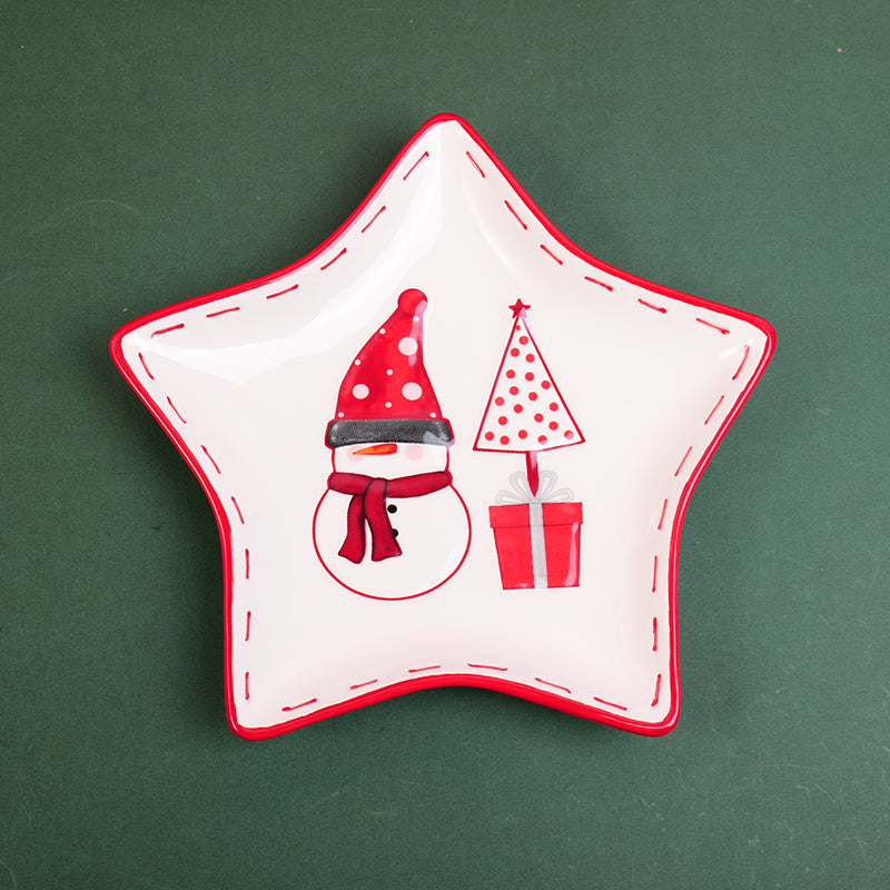 PLATO DE CERAMICA NAVIDEÑO EN FORMA DE ESTRELLA  - MUÑECO DE NIEVE