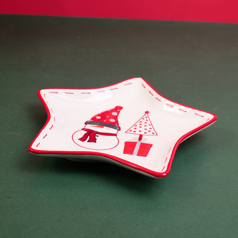 PLATO DE CERAMICA NAVIDEÑO EN FORMA DE ESTRELLA  - MUÑECO DE NIEVE
