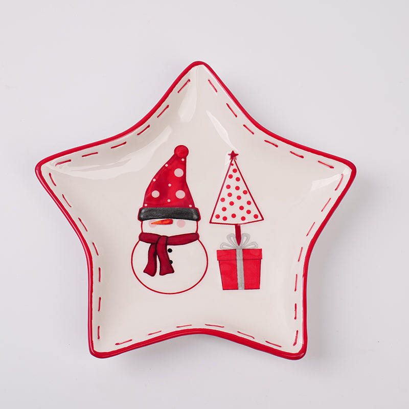 PLATO DE CERAMICA NAVIDEÑO EN FORMA DE ESTRELLA  - MUÑECO DE NIEVE