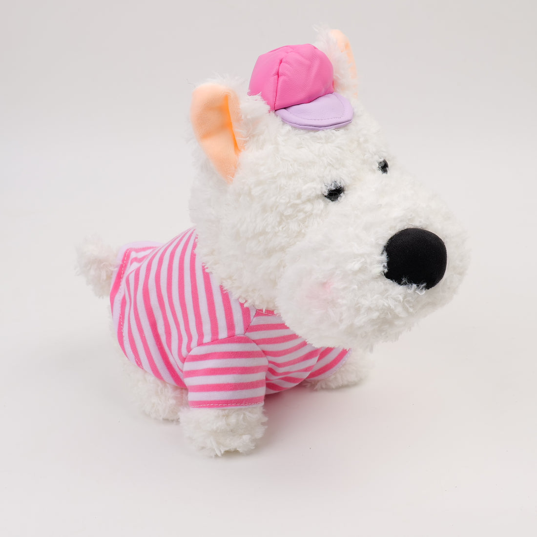 PELUCHE DE PERRITO BLANCO CON CAMISA ROSADA 22CM