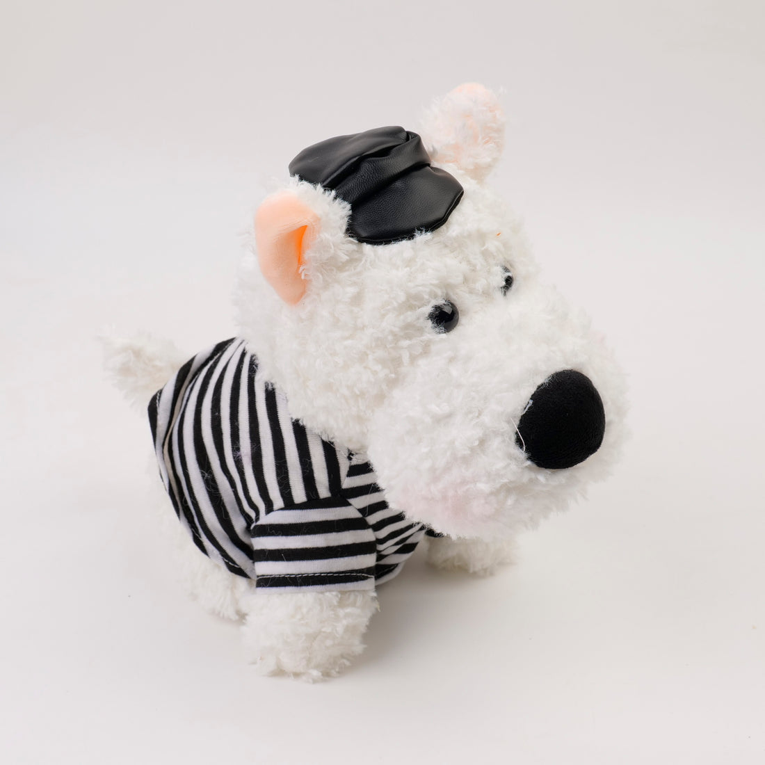 PELUCHE DE PERRITO BLANCO CON CAMISA DE RAYAS NEGRAS 22CM