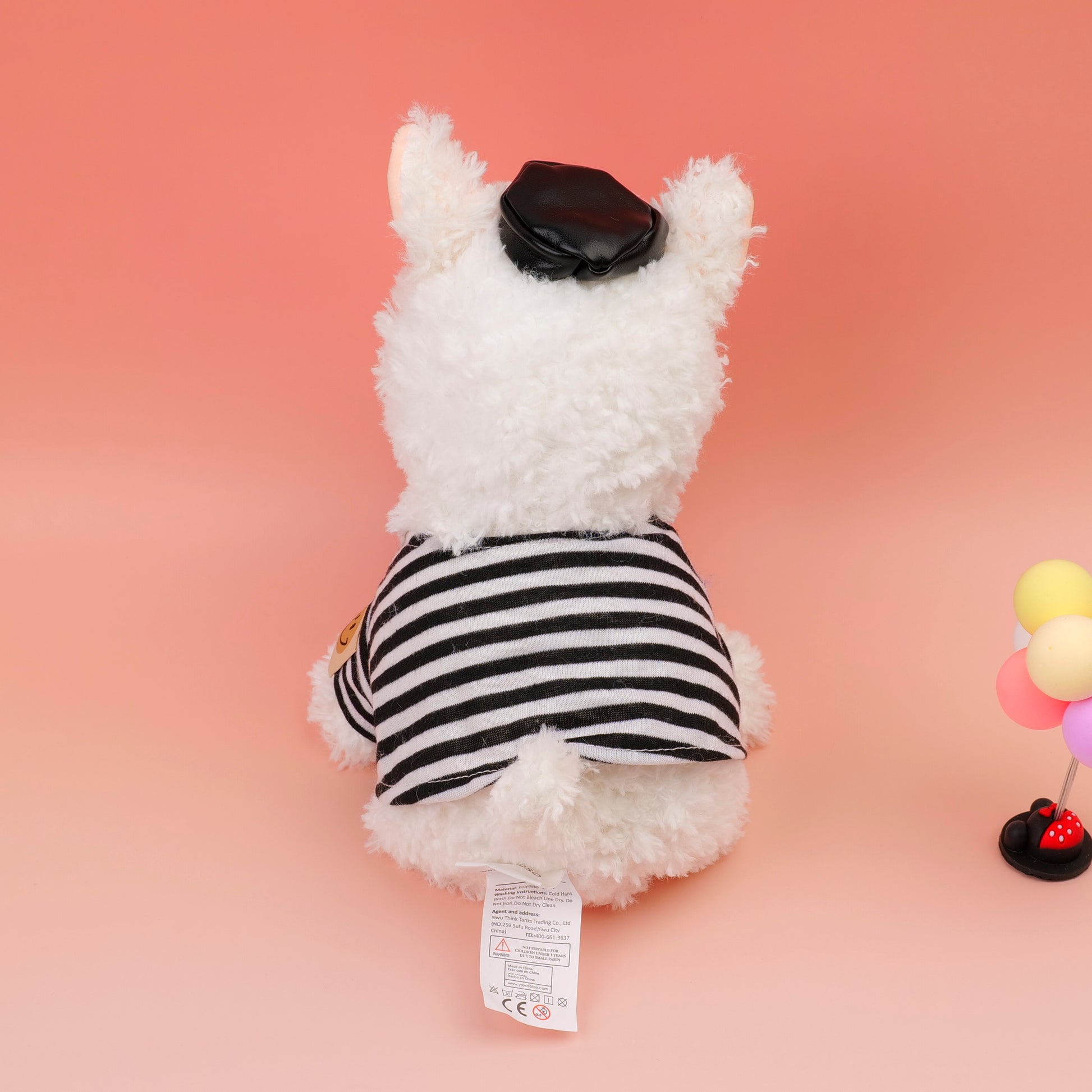 PELUCHE DE PERRITO BLANCO CON CAMISA DE RAYAS NEGRAS 22CM