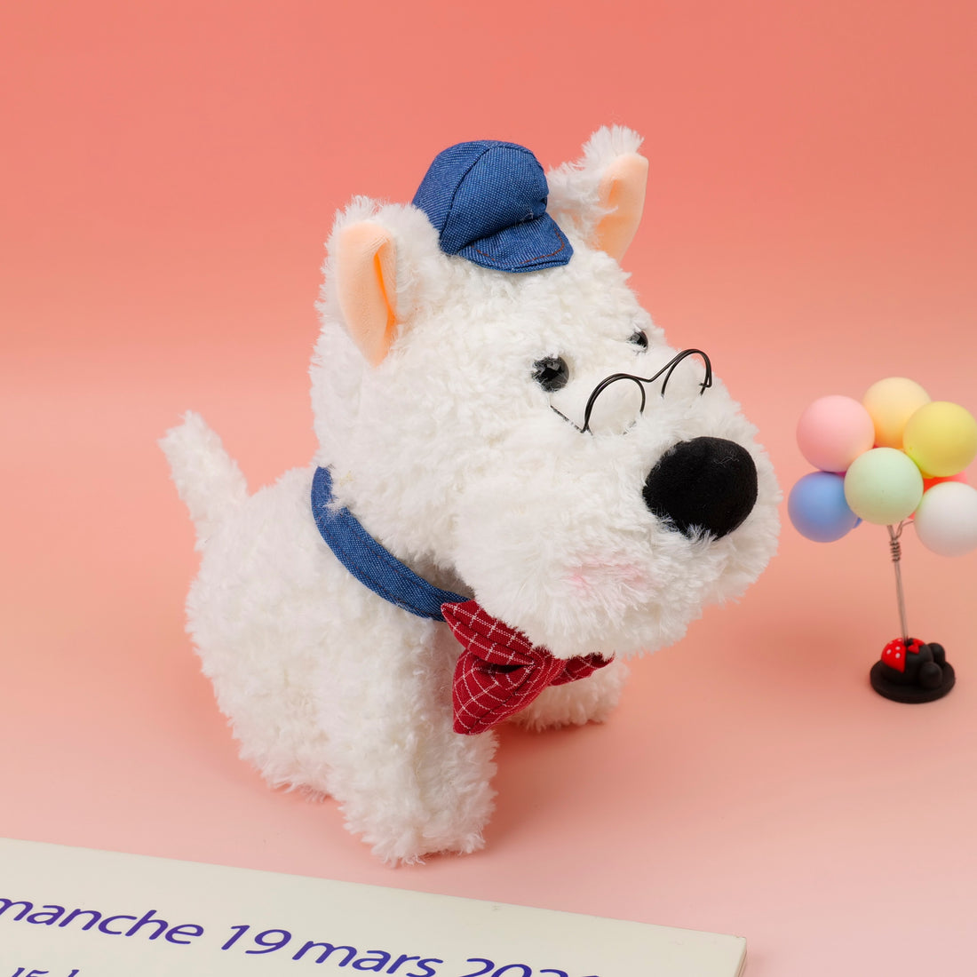 PELUCHE DE PERRITO BLANCO CON LENTES 22CM