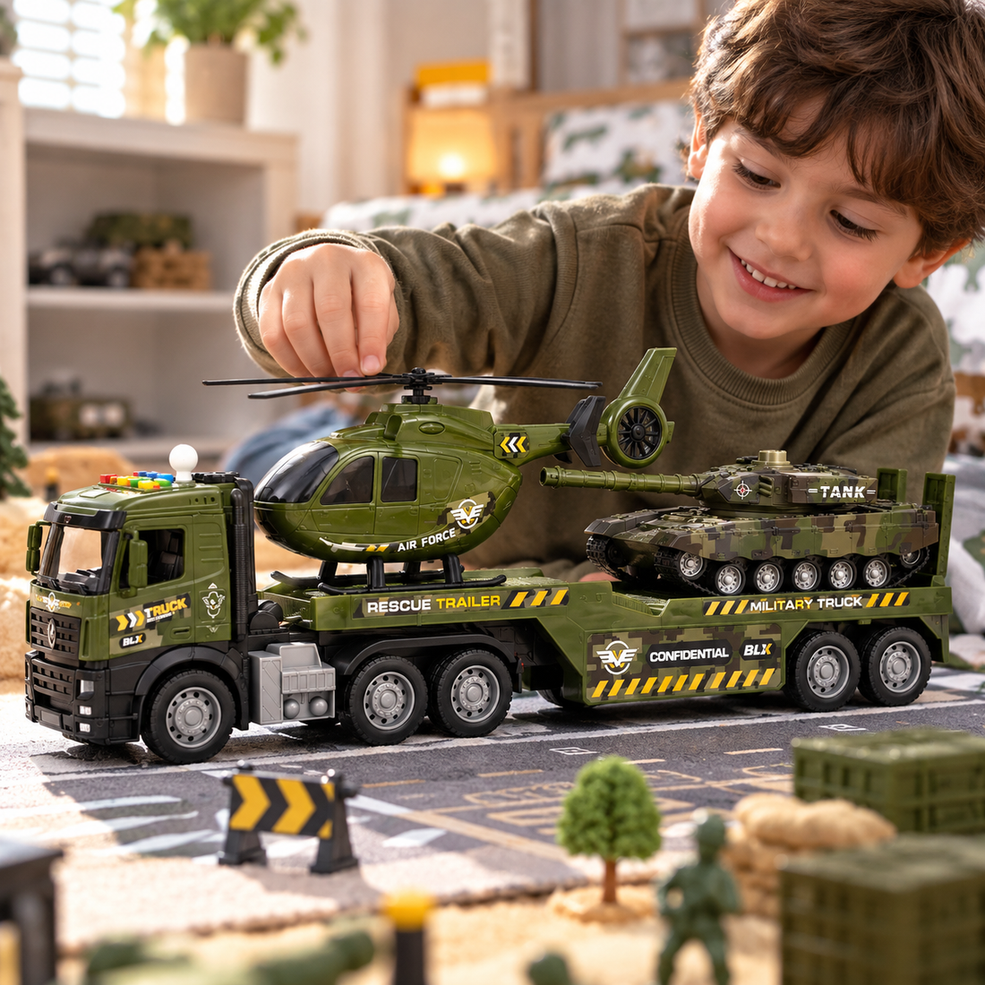 Camión Militar con Tanque y Helicóptero, Luz y Sonido  Yoyoso