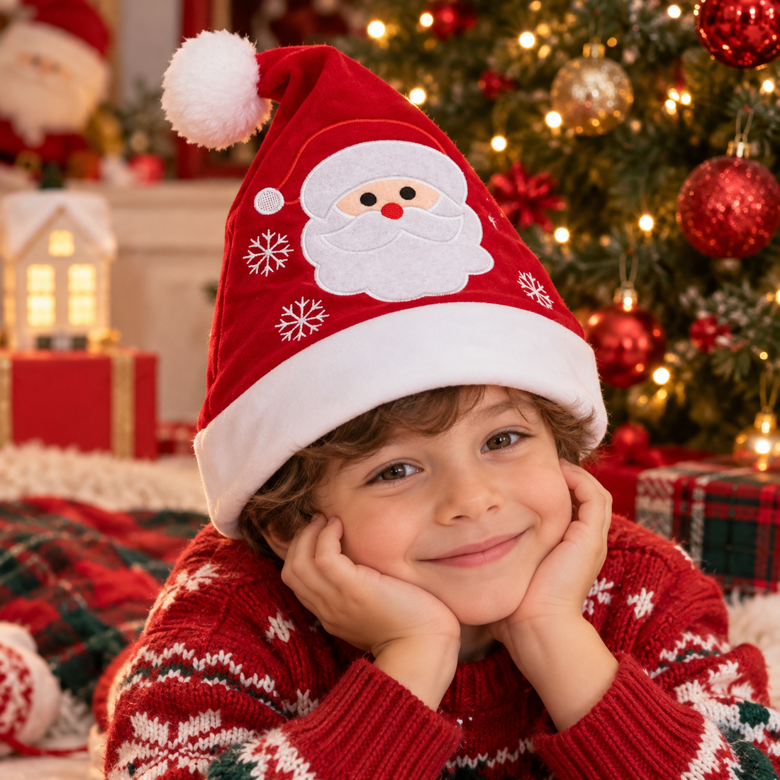 Gorro Navideño Rojo con Santa Bordado y Pompón Blanco Yoyoso
