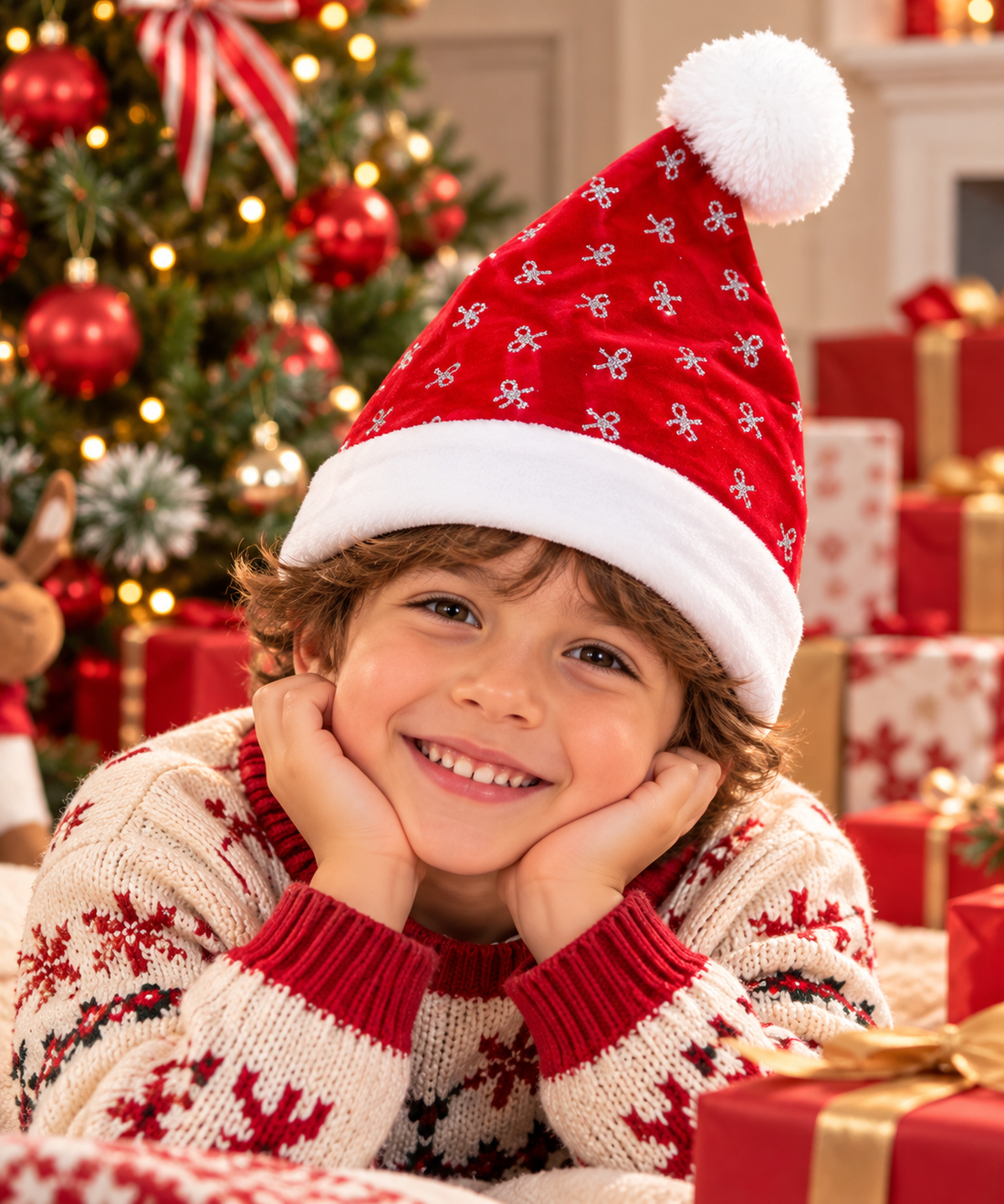 Gorro Navideño Rojo con Lazos Brillantes y Pompón Blanco Yoyoso