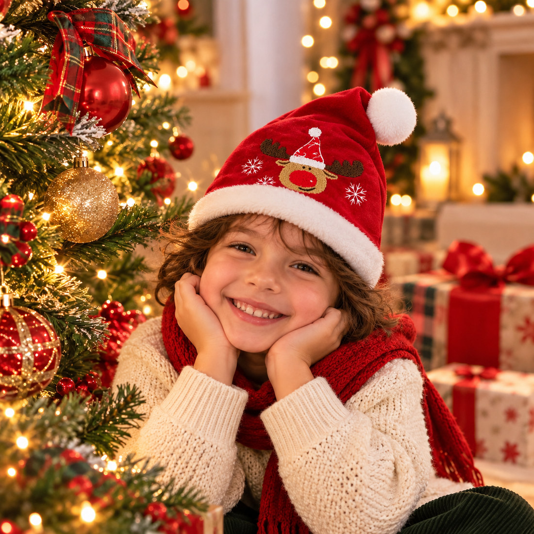 Gorro Navideño Rojo con Reno Bordado y Pompón Blanco Yoyoso