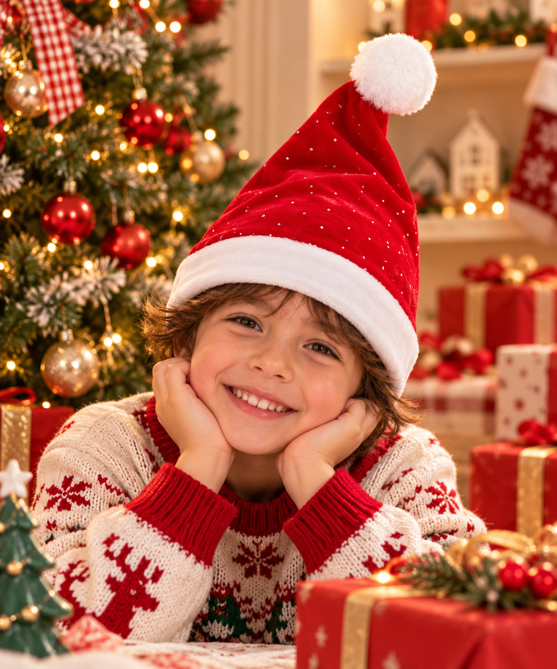 Gorro Navideño Rojo con Brillos y Pompón Blanco Yoyoso