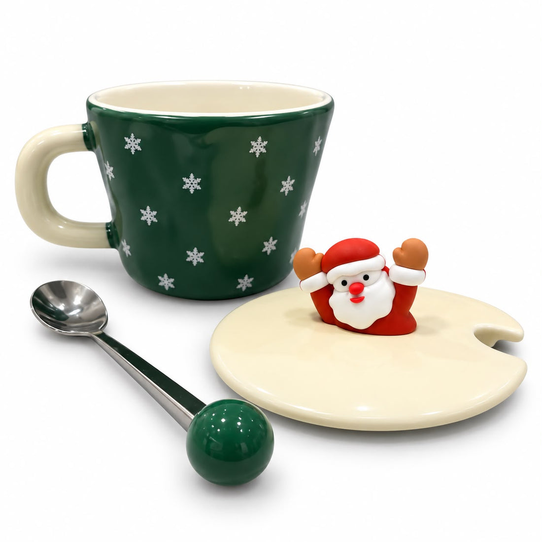 Taza Navideña de Cerámica con Tapa y Cuchara 350 Ml Yoyoso