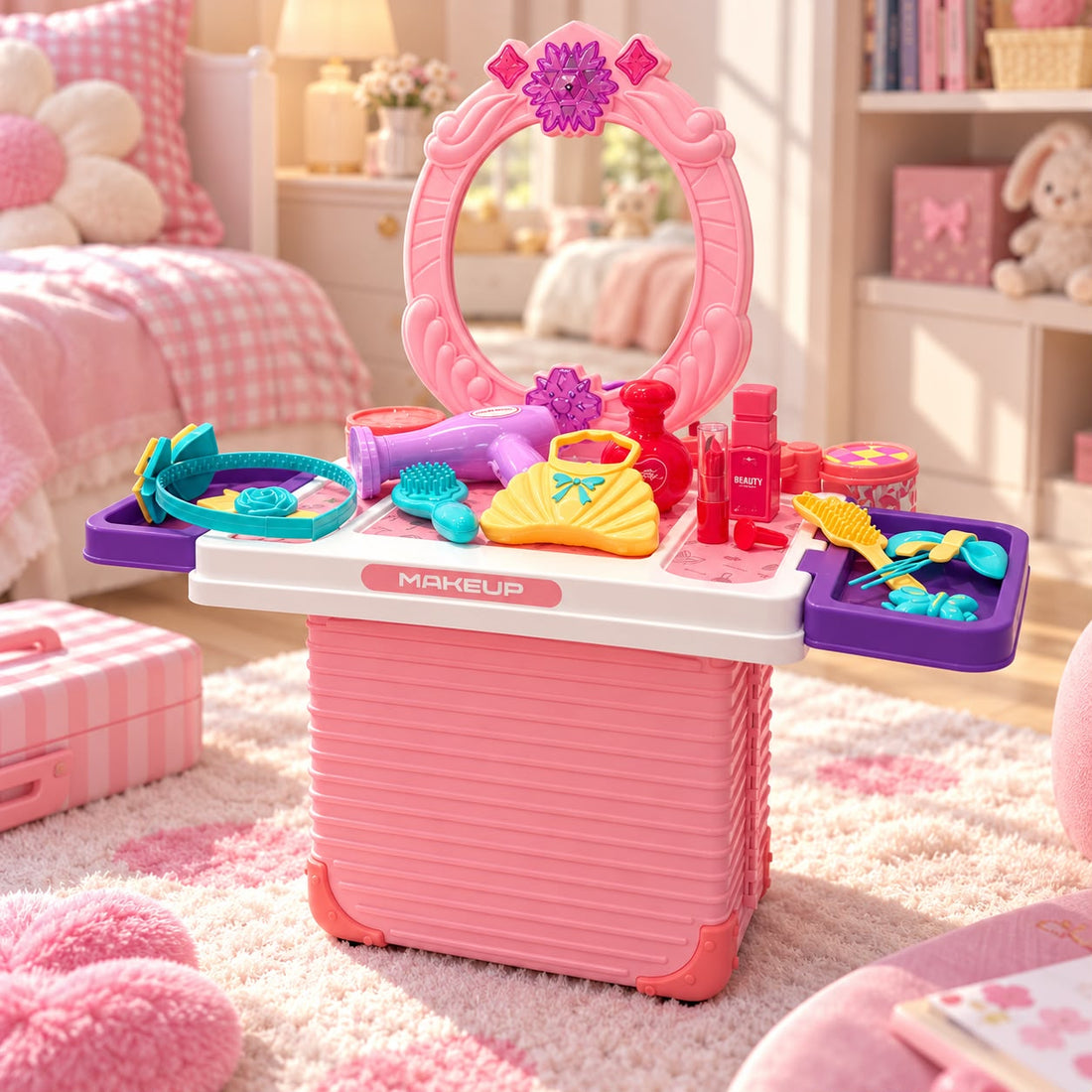 Tocador de Belleza Infantil 2 en 1 con Espejo, Accesorios y Maleta Rosada Yoyoso