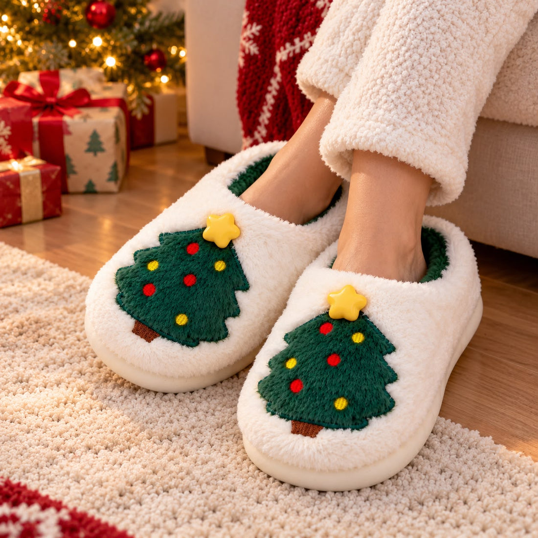 Pantuflas Navidad Árbol Blancas Talla 36-37 Yoyoso