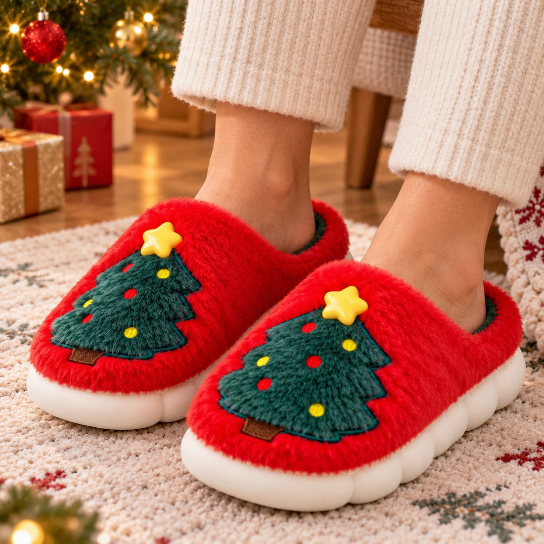 Pantuflas Navidad Árbol Rojo Talla 36-37 Yoyoso