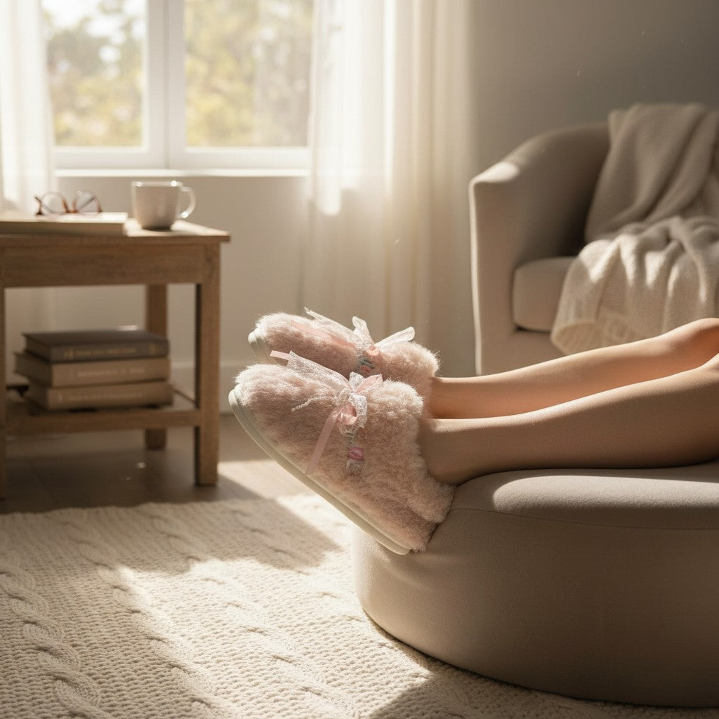 Pantuflas de Mujer Rosadas Suaves con Moño de encaje Decorativo Talla 38-39 Yoyoso