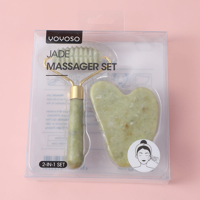 Set de Masaje Facial 2 en 1 Incluye Rodillo de Jade Texturizado y Piedra Gua Sha Yoyoso