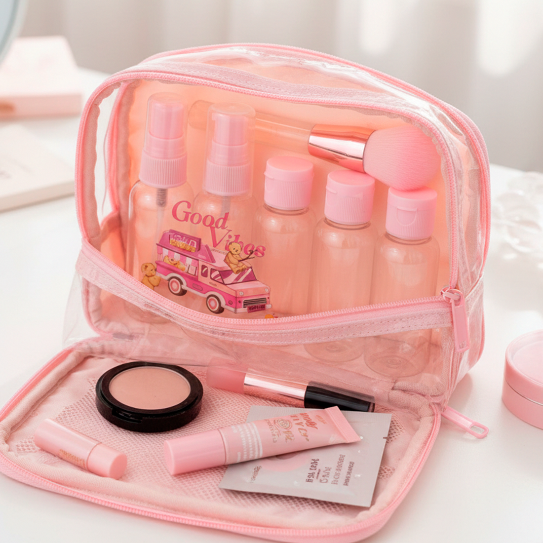 Set de Frascos de Viaje Teddy Island con Atomizador y Tapa en Estuche Decorado Yoyoso