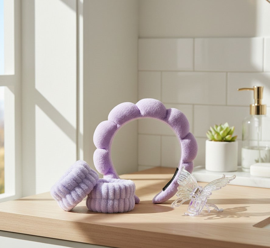 Set de Skincare Incluye Diadema de Felpa, Muñequeras Absorbentes y Pinza de Mariposa Tornasol Yoyoso